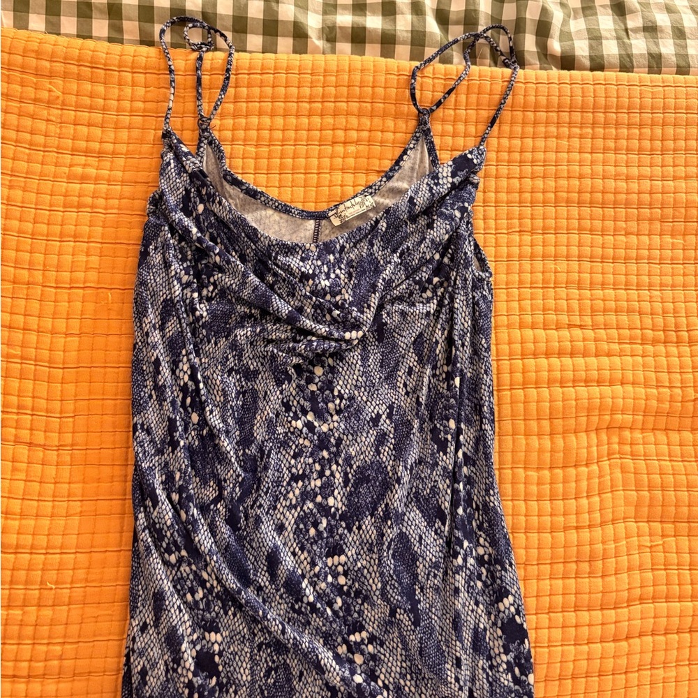Blue and White Snakeskin Patterned Free People Cowl Neck Tank